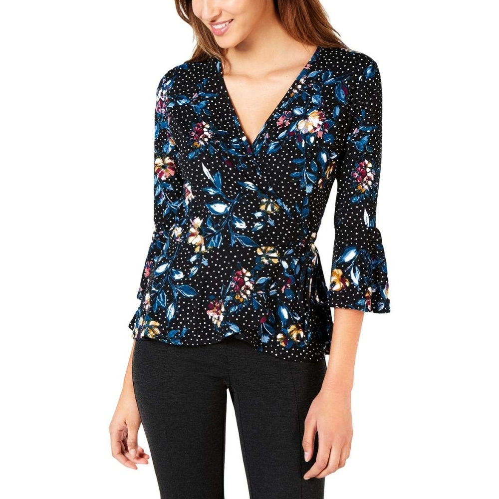BCX Womens Juniors Faux-Wrap Polka Dot Peplum Top